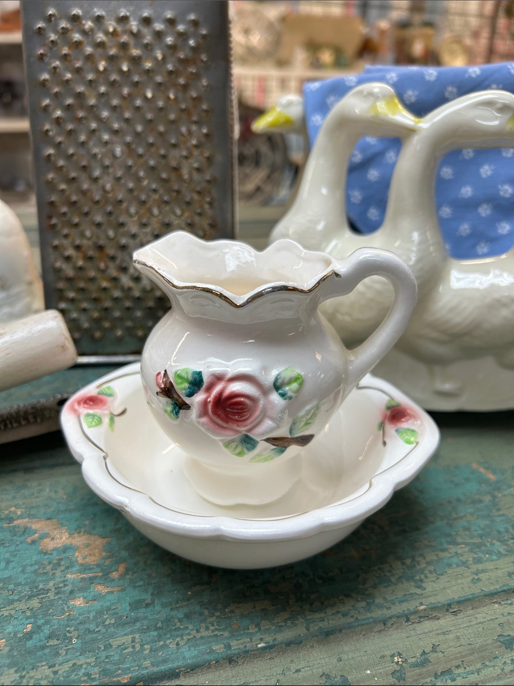 Vintage Mini White Ceramic Pitcher and Bowl Set with Pink Rose Accents